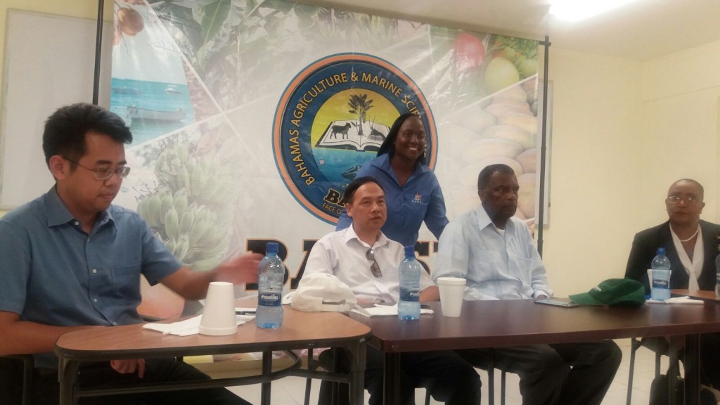 Andros Island, Bahamas -- Dr. Rovenia Hanna who's the Executive Director of the Bahamas Agriculture and Marine Science Institute (BAMSI) is seen pictured center. Left is H.E. Ambassador Huang Qinguo, right: Minister Mitchell alongside Parliamentary Secretary Cleola Hamilton during this morning's speaking engagement with BAMSI staff and recent graduates. 