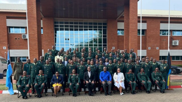 Minister the Hon. Frederick A Mitchell and Director General Jerusa Ali with the Commandant of Military Training College in Botswana accompanied by Botswana's High Commissioner to The Bahamas.