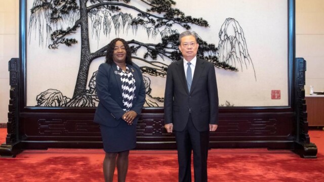 President of the Senate, Ms. J. LaShelle Adderley with Mr. Zhao Leji, Chairman of the National People's Congress Standing Committee.