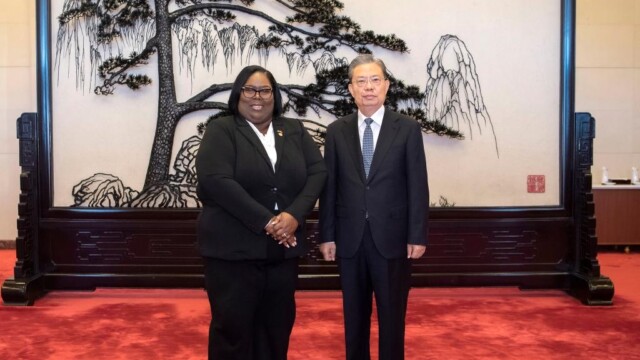 Speaker of the House of Assembly, the Hon. Patricia Deveaux with Mr. Zhao Leji, Chairman of the National People's Congress Standing Committee.