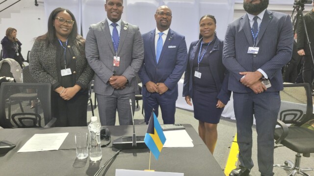 Members of the Bahamian Delegation at the Observer State Dialogue (L-R) Foreign Service Officer (FSO) Rolanda Davis, Parliamentary Secretary Jamahal Strachan, Bahamas Ambassador to the OAS, H.E. Chet Neymour, FSO Alexavia Dean, Minister Councillor in the Bahamas Mission to the OAS, Mikhail Bullard.